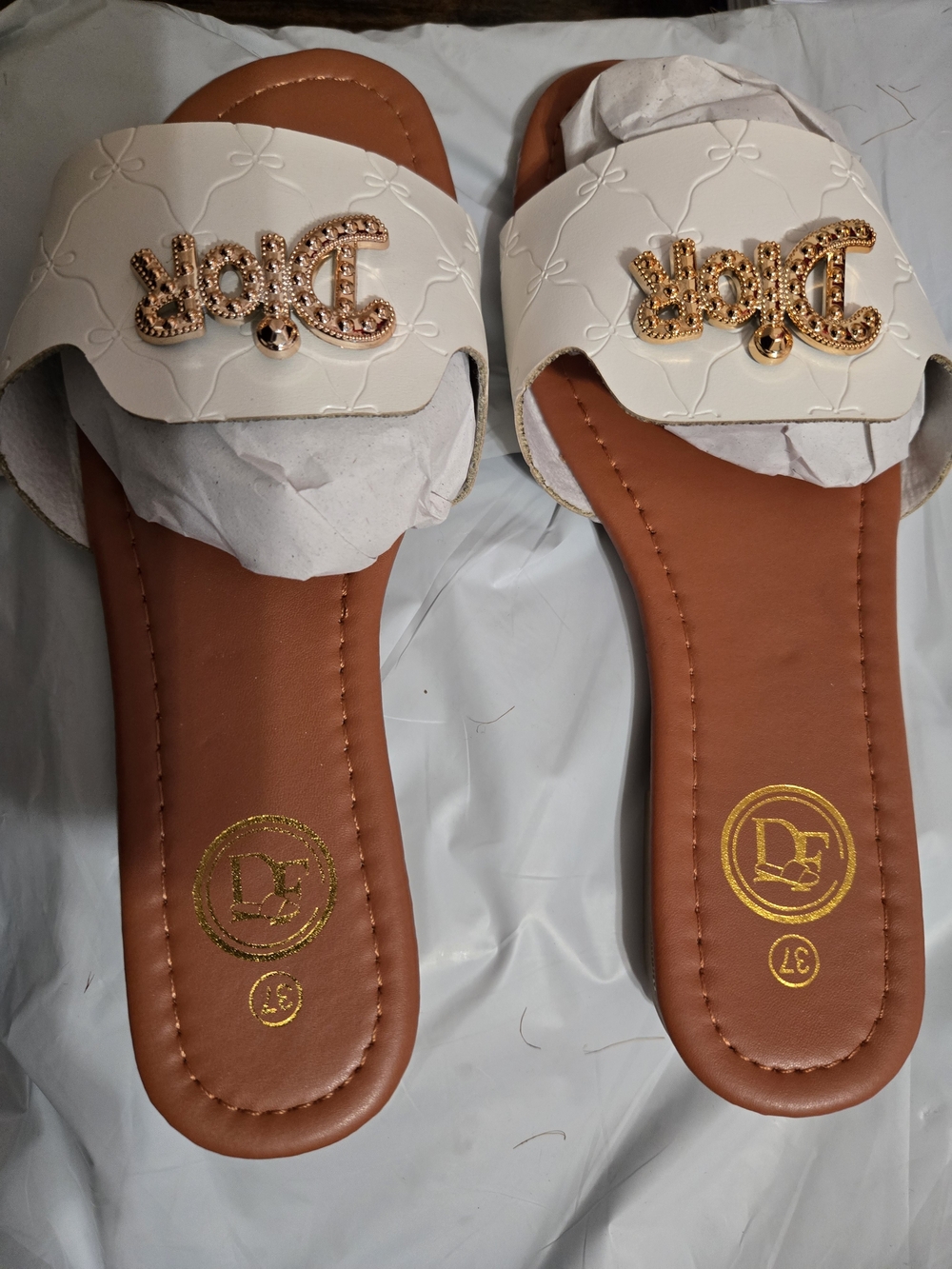 Signature White & Tan Slide Sandals